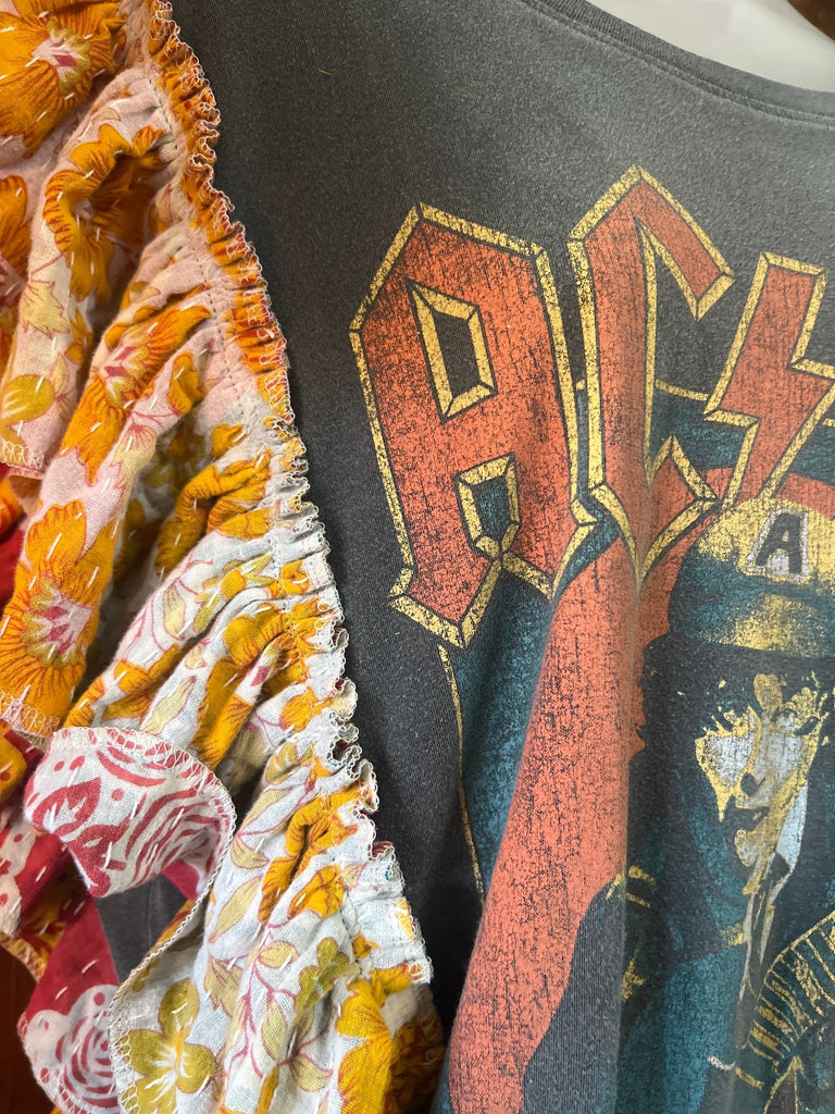 Gray AC/DC ruffle sleeves kantha tee - Main Street Threads