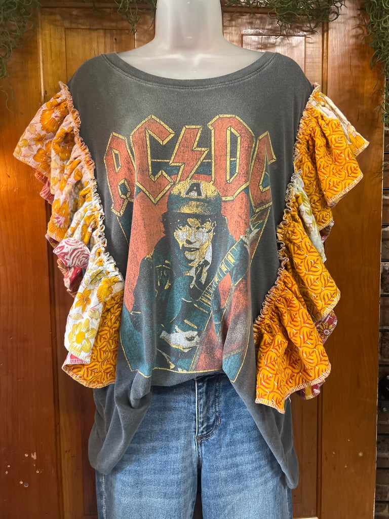 Gray AC/DC ruffle sleeves kantha tee - Main Street Threads