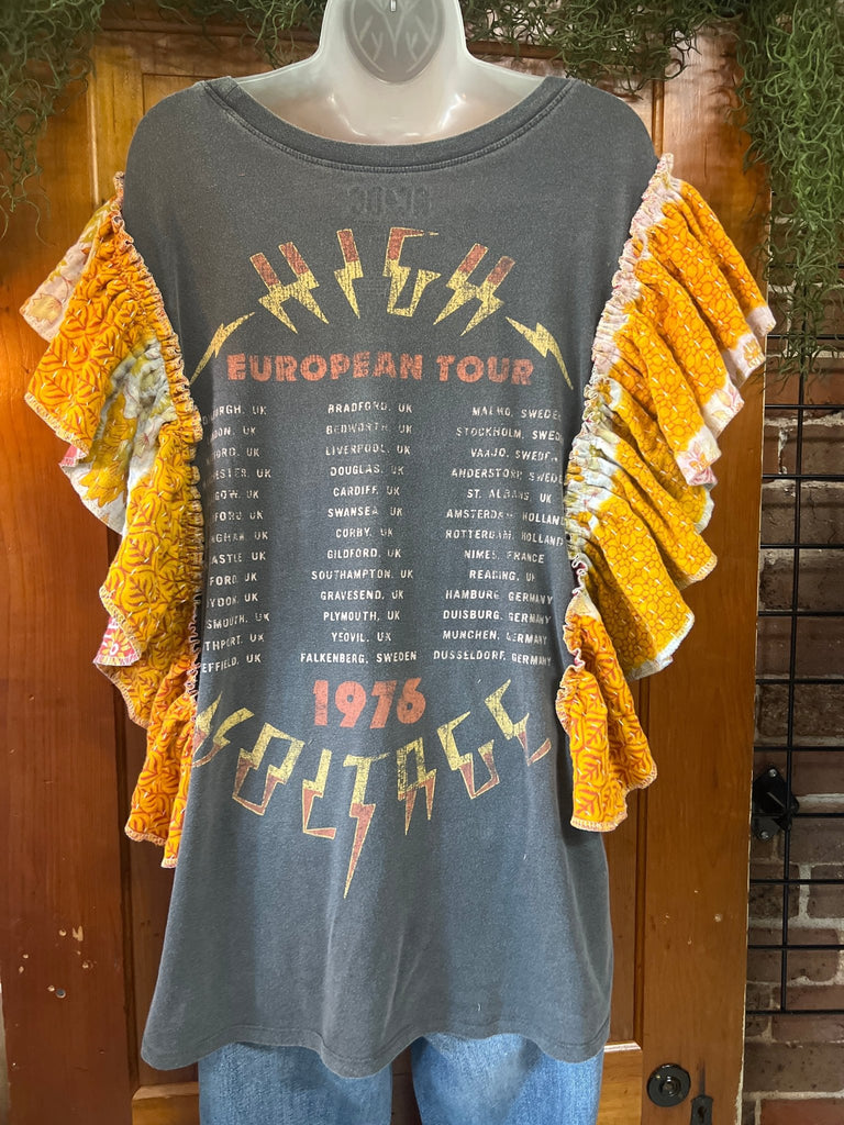 Gray AC/DC ruffle sleeves kantha tee - Main Street Threads