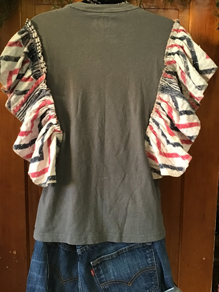Gray KISS ruffle sleeves kantha tee - Main Street Threads