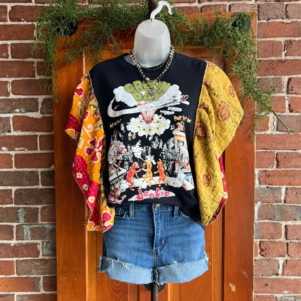 Green Day upcycled Kantha ruffle sleeve festival tee - Main Street Threads