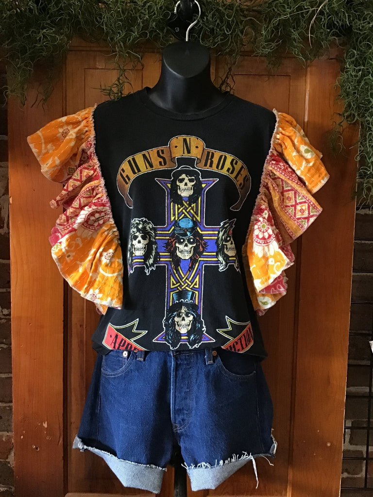 Guns N Roses “Appetite For Destruction” ruffle sleeves kantha tee - Main Street Threads