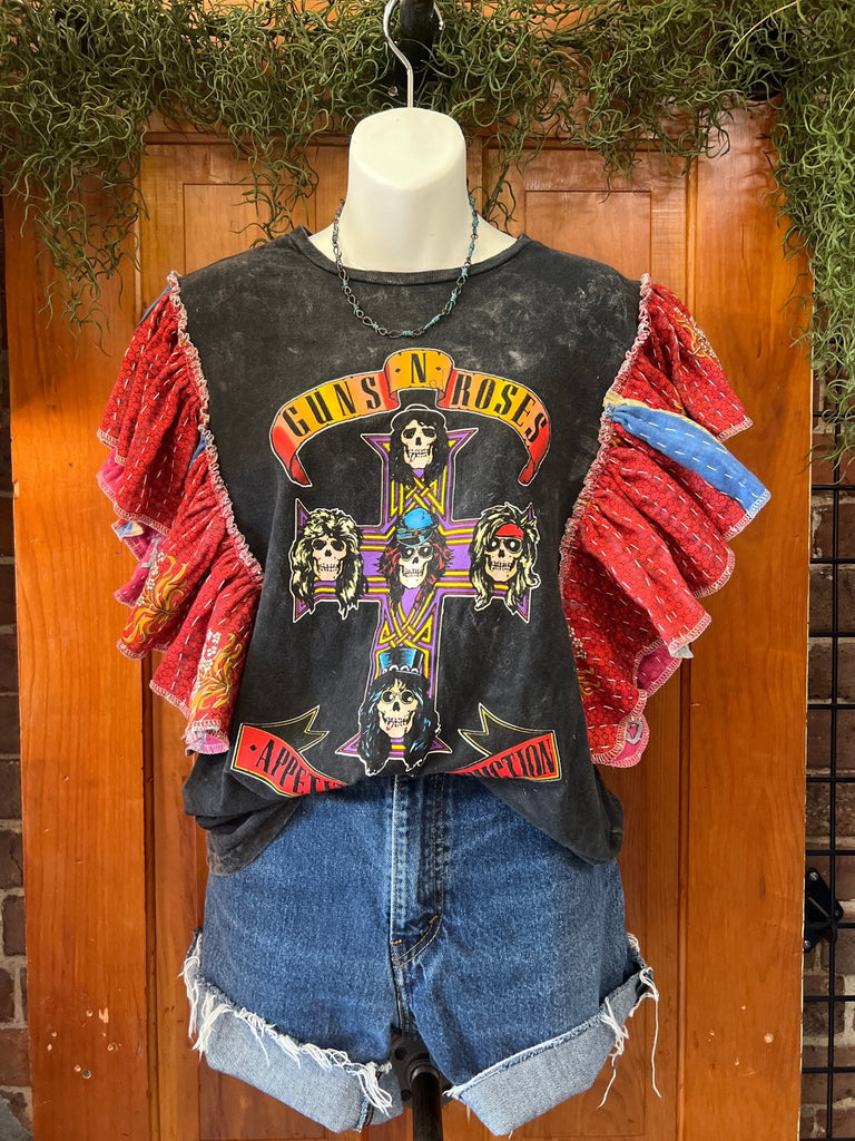 Guns N Roses ruffle sleeves kantha tee - Main Street Threads