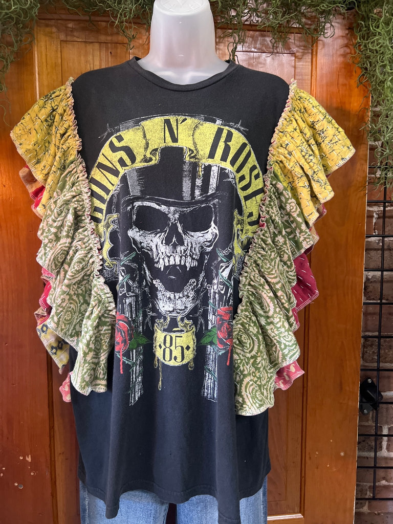 GUNS - n - ROSES ruffle sleeves kantha tee - Main Street Threads