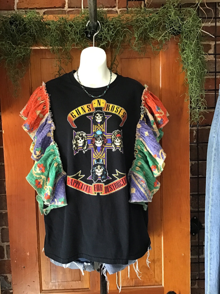 Guns N Roses ruffle sleeves kantha tee - Main Street Threads