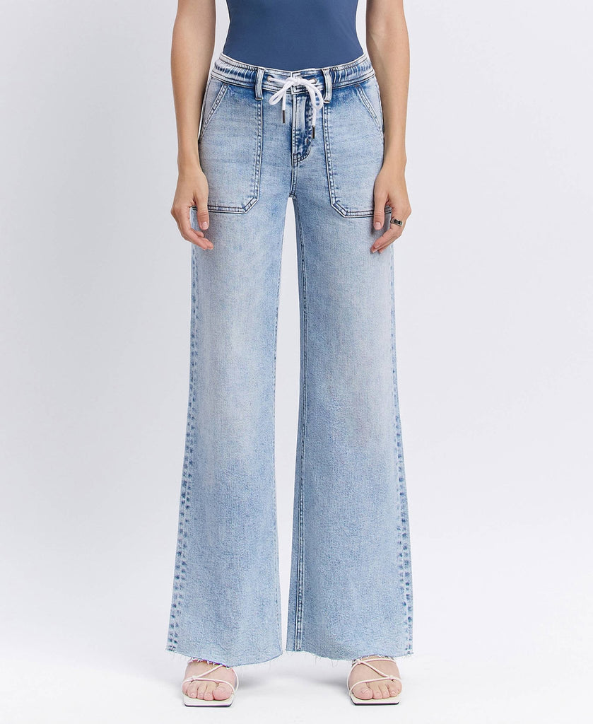 HIGH RISE DRAWSTRING WAISTBAND WIDE LEG JEANS - Main Street Threads