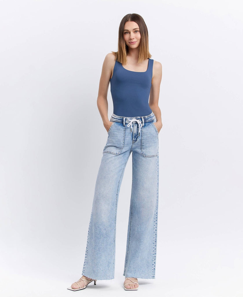 HIGH RISE DRAWSTRING WAISTBAND WIDE LEG JEANS - Main Street Threads