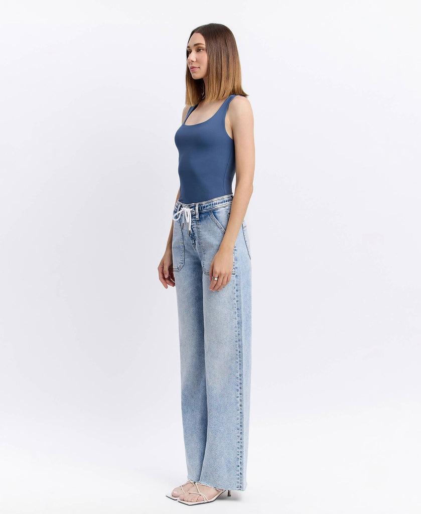 HIGH RISE DRAWSTRING WAISTBAND WIDE LEG JEANS - Main Street Threads