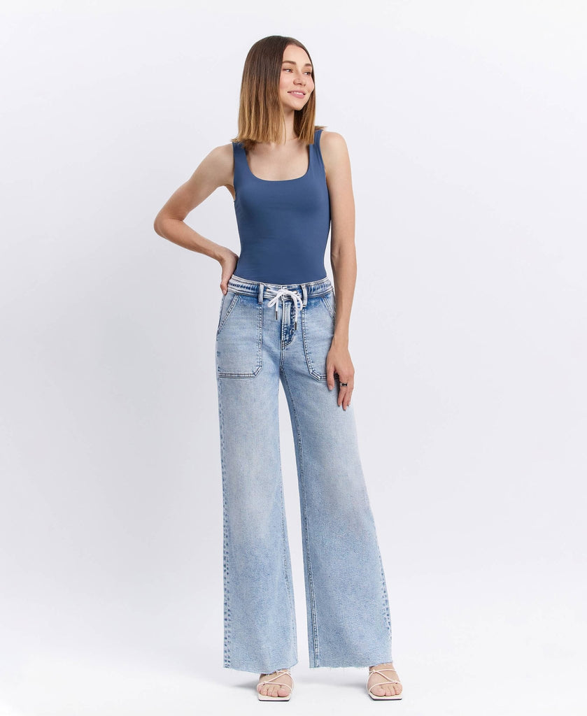 HIGH RISE DRAWSTRING WAISTBAND WIDE LEG JEANS - Main Street Threads
