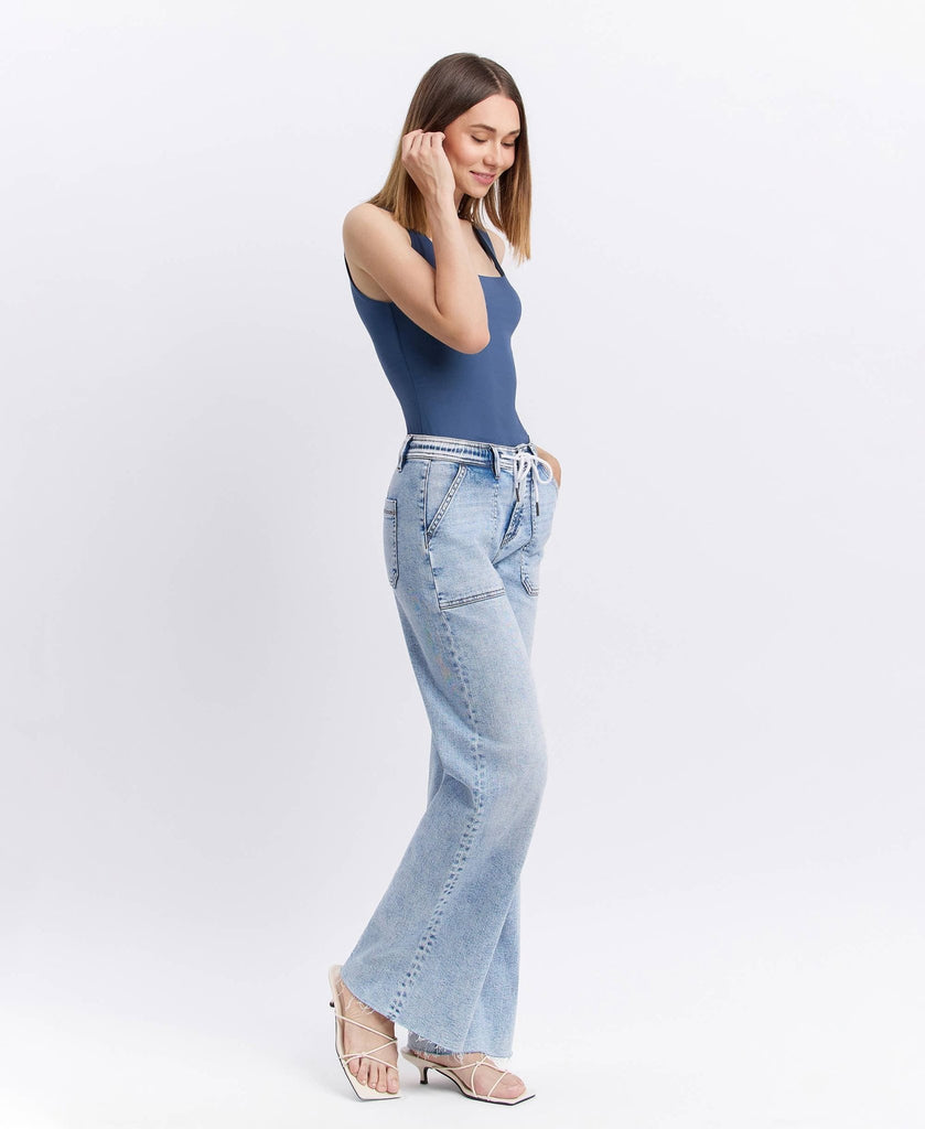 HIGH RISE DRAWSTRING WAISTBAND WIDE LEG JEANS - Main Street Threads