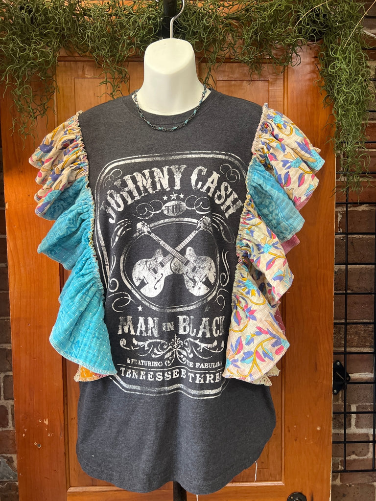 Johnny Cash ruffle sleeves kantha tee - Main Street Threads