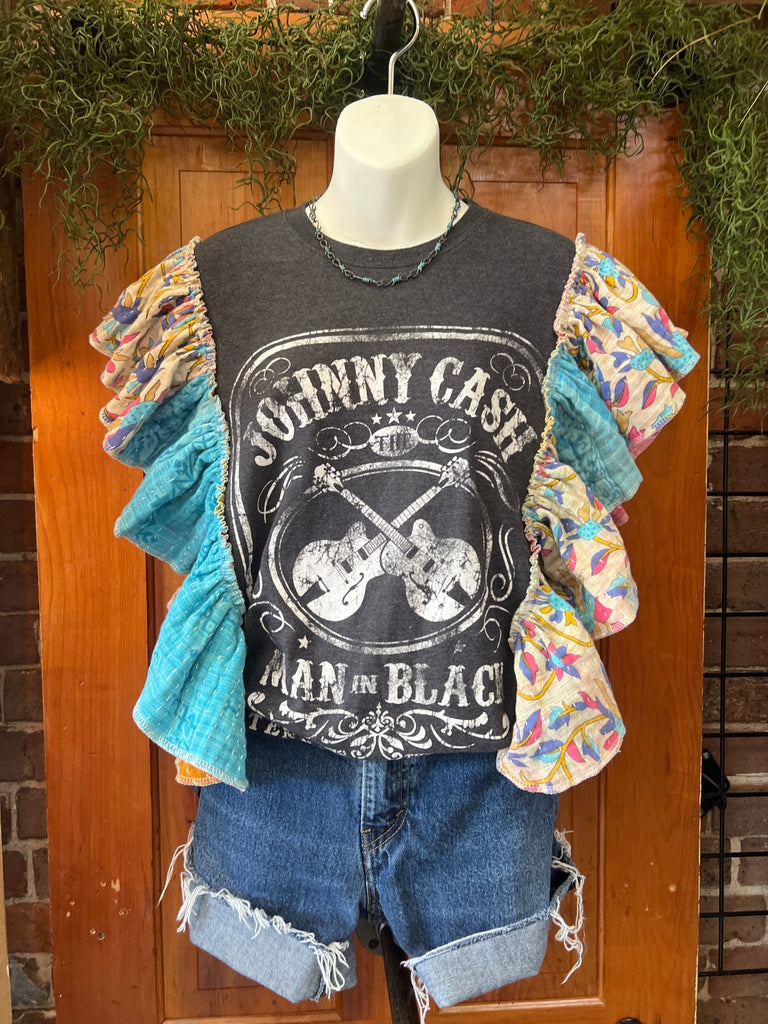 Johnny Cash ruffle sleeves kantha tee - Main Street Threads