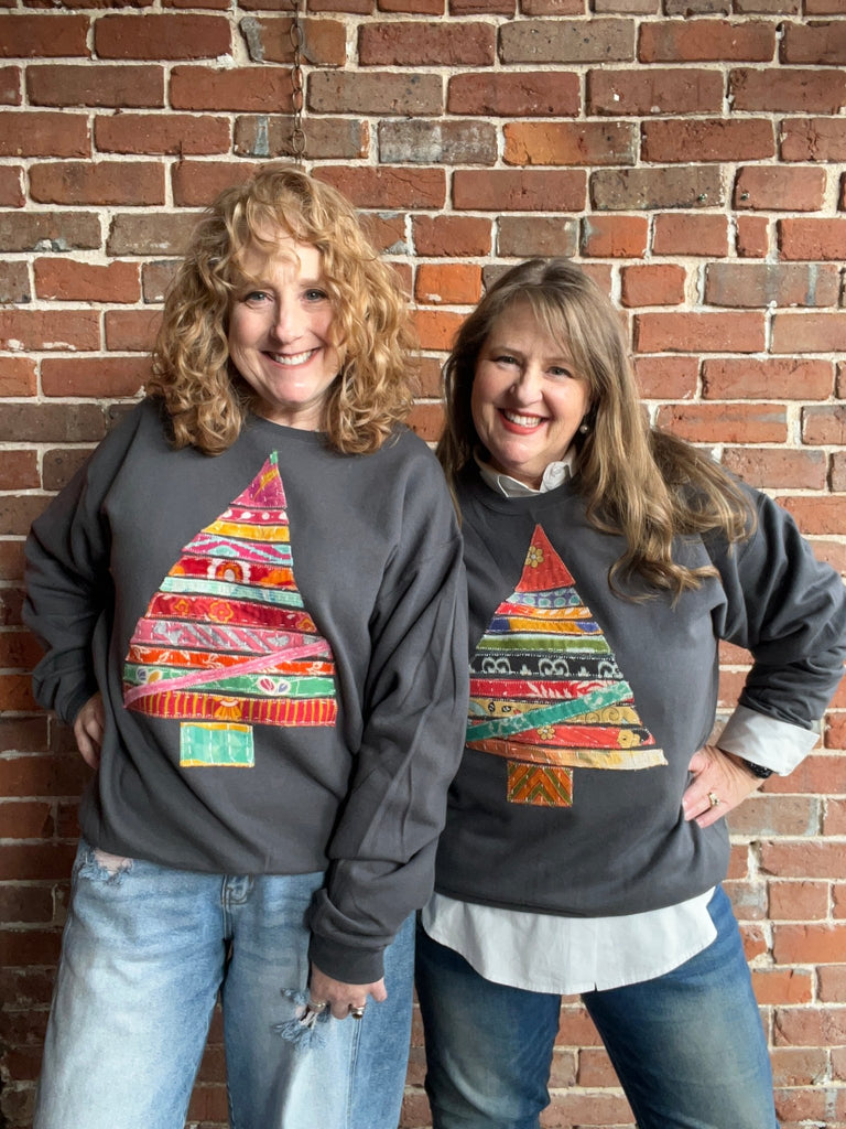 Kantha Christmas tree upcycled sweatshirt - Main Street Threads
