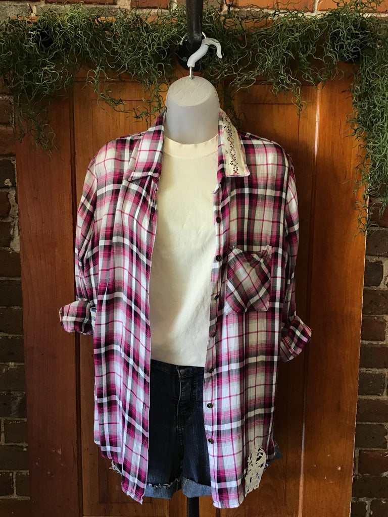 Lace Patchwork Upcycled Plaid Flannel - Main Street Threads