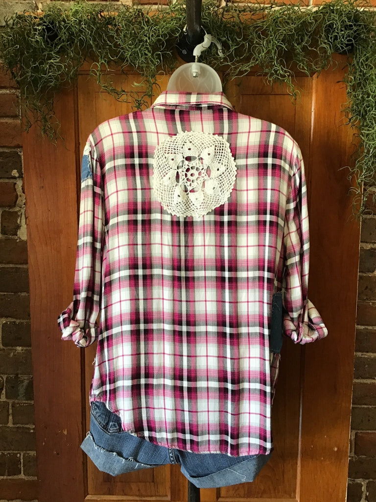 Lace Patchwork Upcycled Plaid Flannel - Main Street Threads