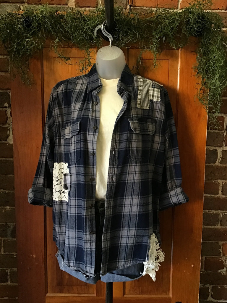 Lace & Plaid Patchwork Upcycled Plaid Flannel - Main Street Threads
