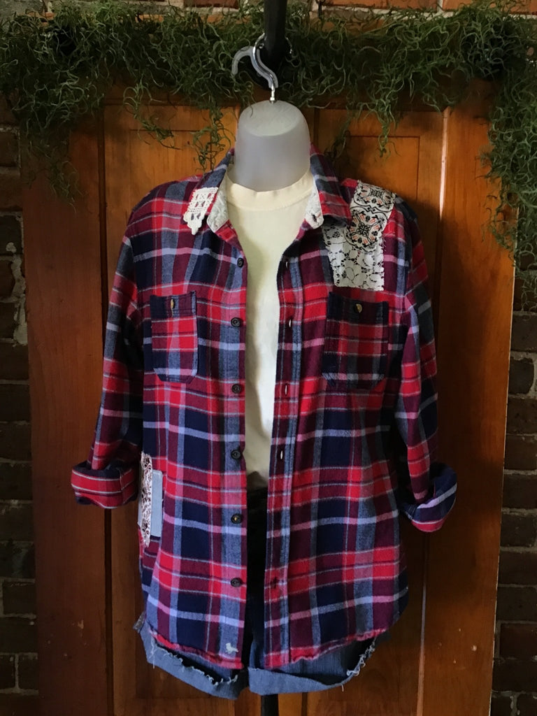 Lace Upcycled Plaid Flannel - Main Street Threads