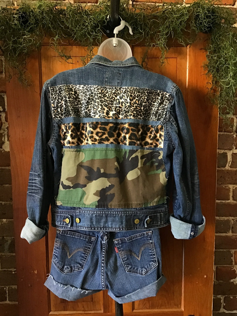 Leopard and camo upcycled Denim jacket - Main Street Threads
