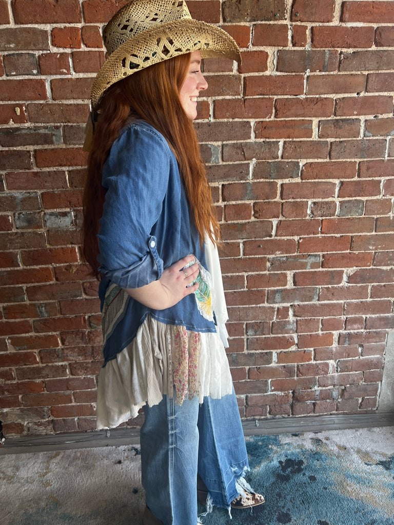"Light as a feather" upcycled lightweight denim and tattered lace jacket - Main Street Threads