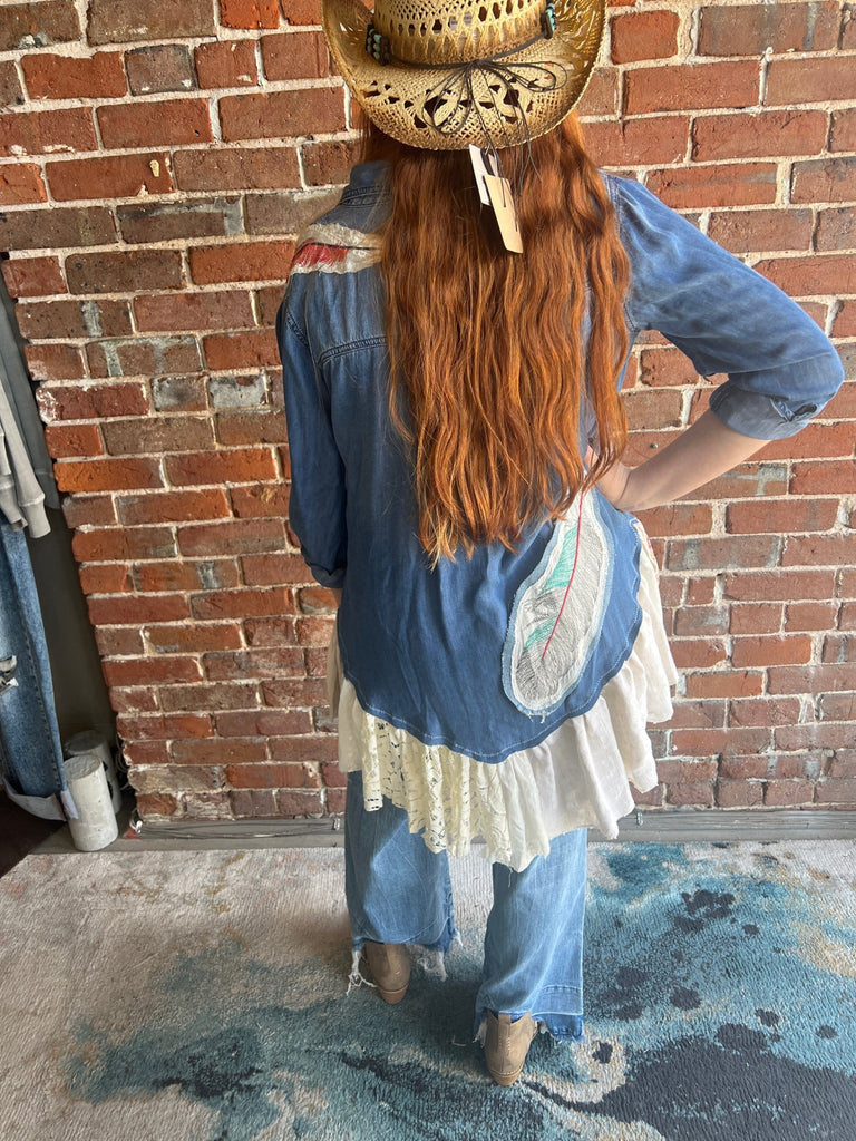 "Light as a feather" upcycled lightweight denim and tattered lace jacket - Main Street Threads