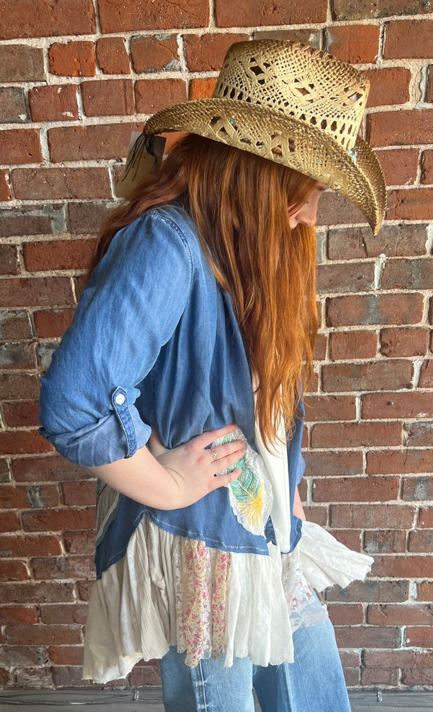 "Light as a feather" upcycled lightweight denim and tattered lace jacket - Main Street Threads