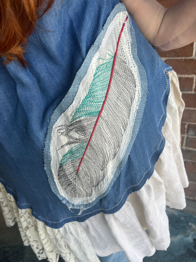 "Light as a feather" upcycled lightweight denim and tattered lace jacket - Main Street Threads
