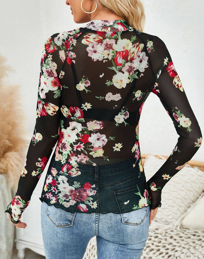 Long Sleeve Lace Black Floral Mesh Bottom Blouse - Main Street Threads