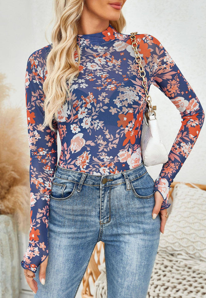 Long Sleeve Lace Blue Floral Mesh Bottom Blouse - Main Street Threads
