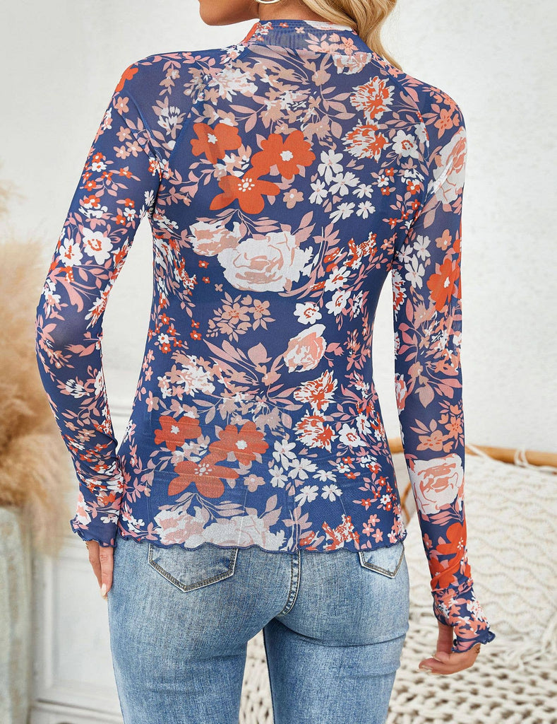 Long Sleeve Lace Blue Floral Mesh Bottom Blouse - Main Street Threads