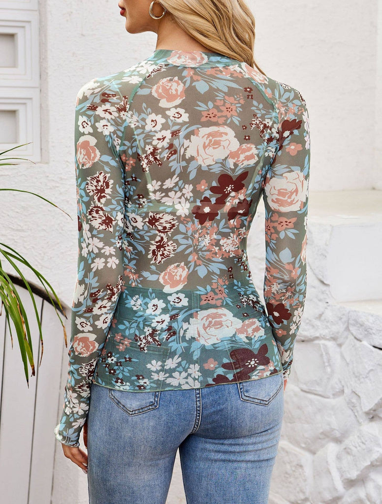 Long Sleeve Lace Green Floral Mesh Bottom Blouse - Main Street Threads