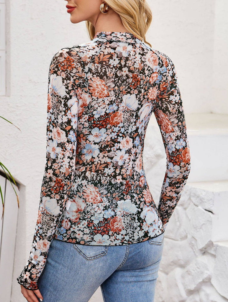 Long Sleeve Lace Orange Floral Mesh Bottom Blouse - Main Street Threads
