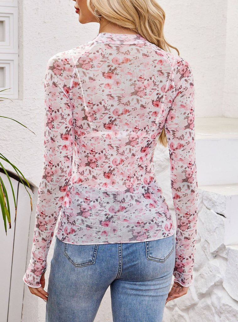 Long Sleeve Lace Pink Floral Mesh Bottom Blouse - Main Street Threads