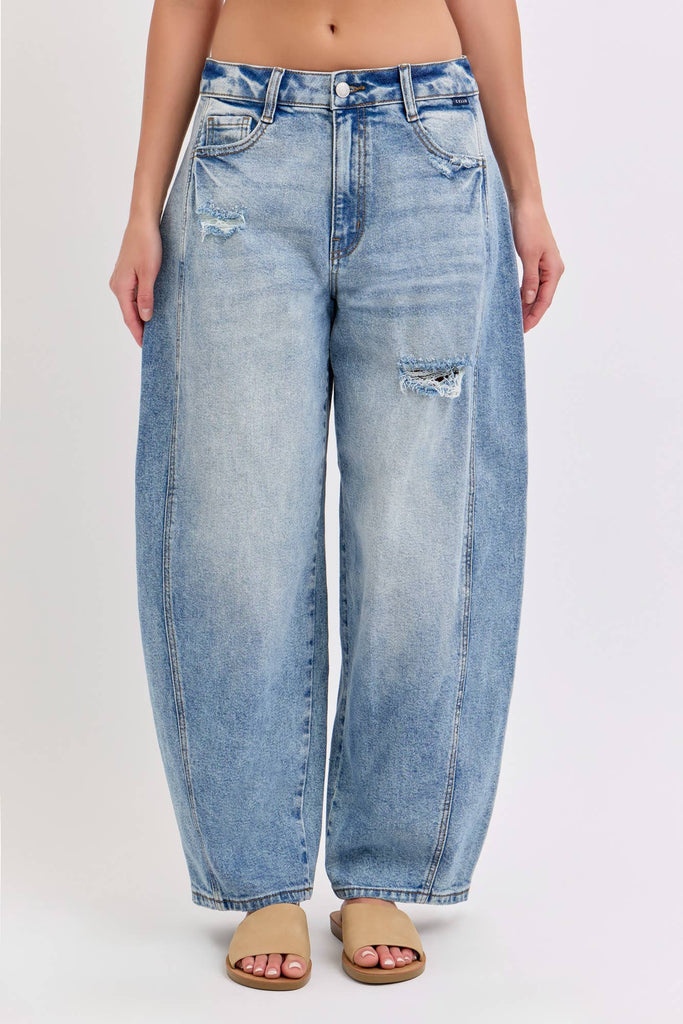 Mid - Waist Barrel Jeans with Side Panels - Main Street Threads