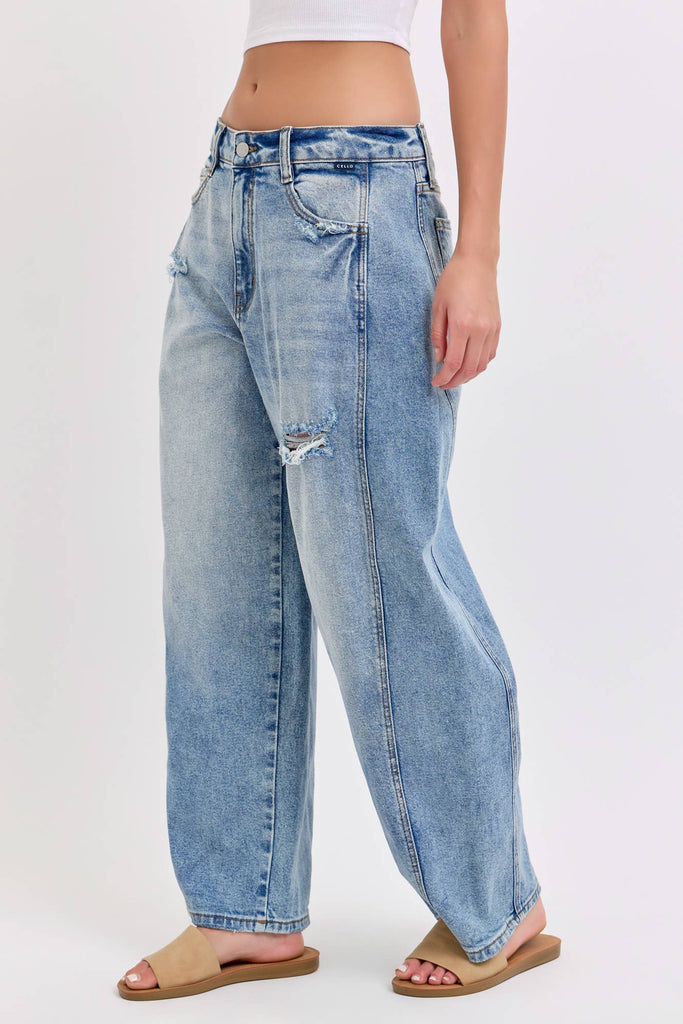 Mid - Waist Barrel Jeans with Side Panels - Main Street Threads