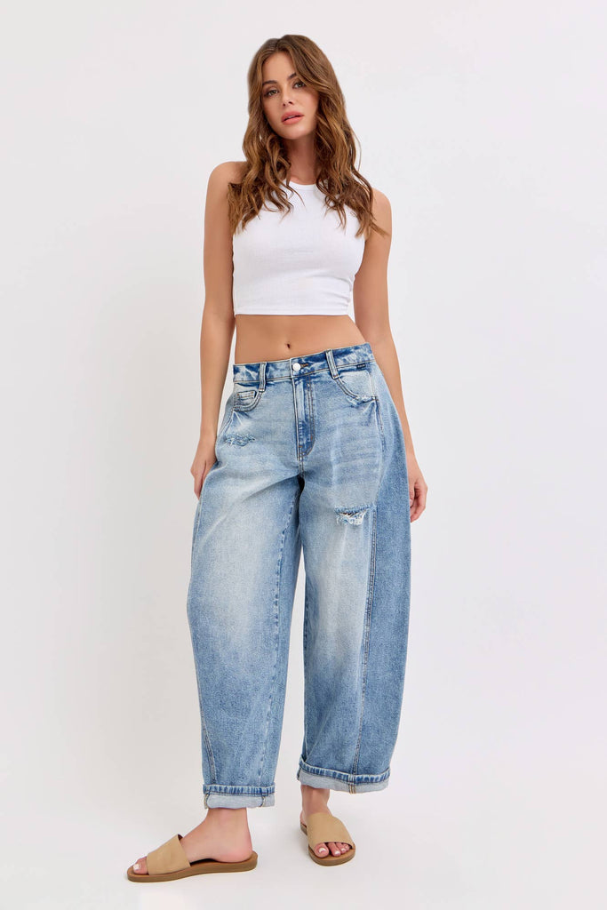 Mid - Waist Barrel Jeans with Side Panels - Main Street Threads