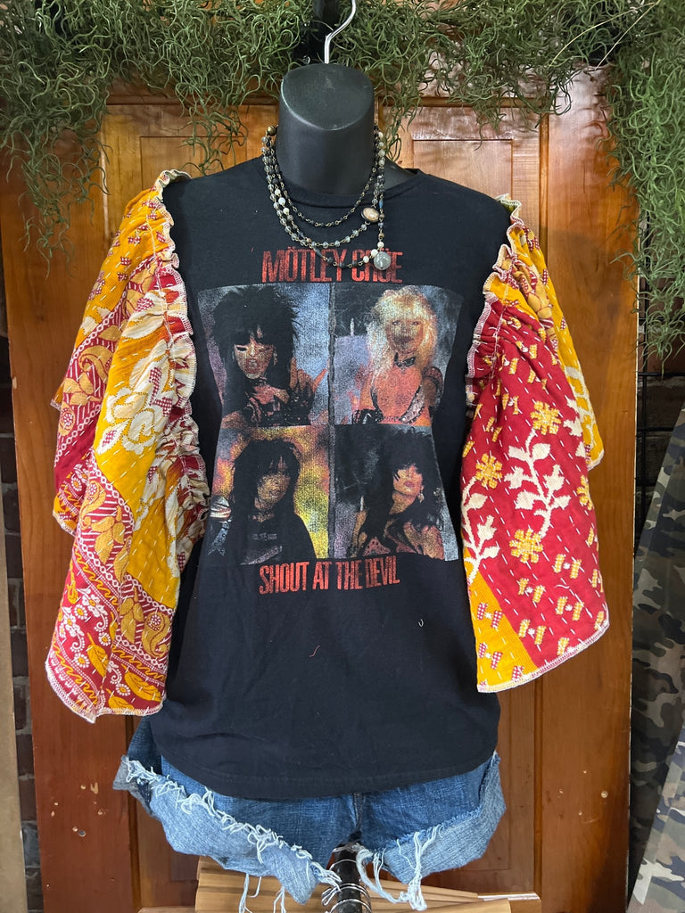 Motley Crue - black butterfly sleeves kantha tee - Main Street Threads