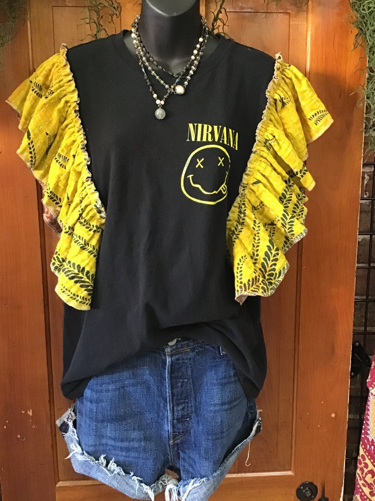 NIRVANA ruffle sleeves kantha tee - Main Street Threads