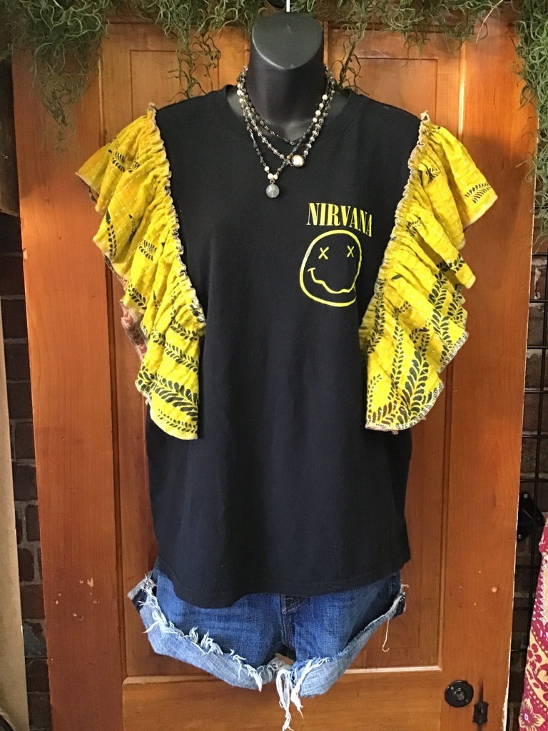 NIRVANA ruffle sleeves kantha tee - Main Street Threads