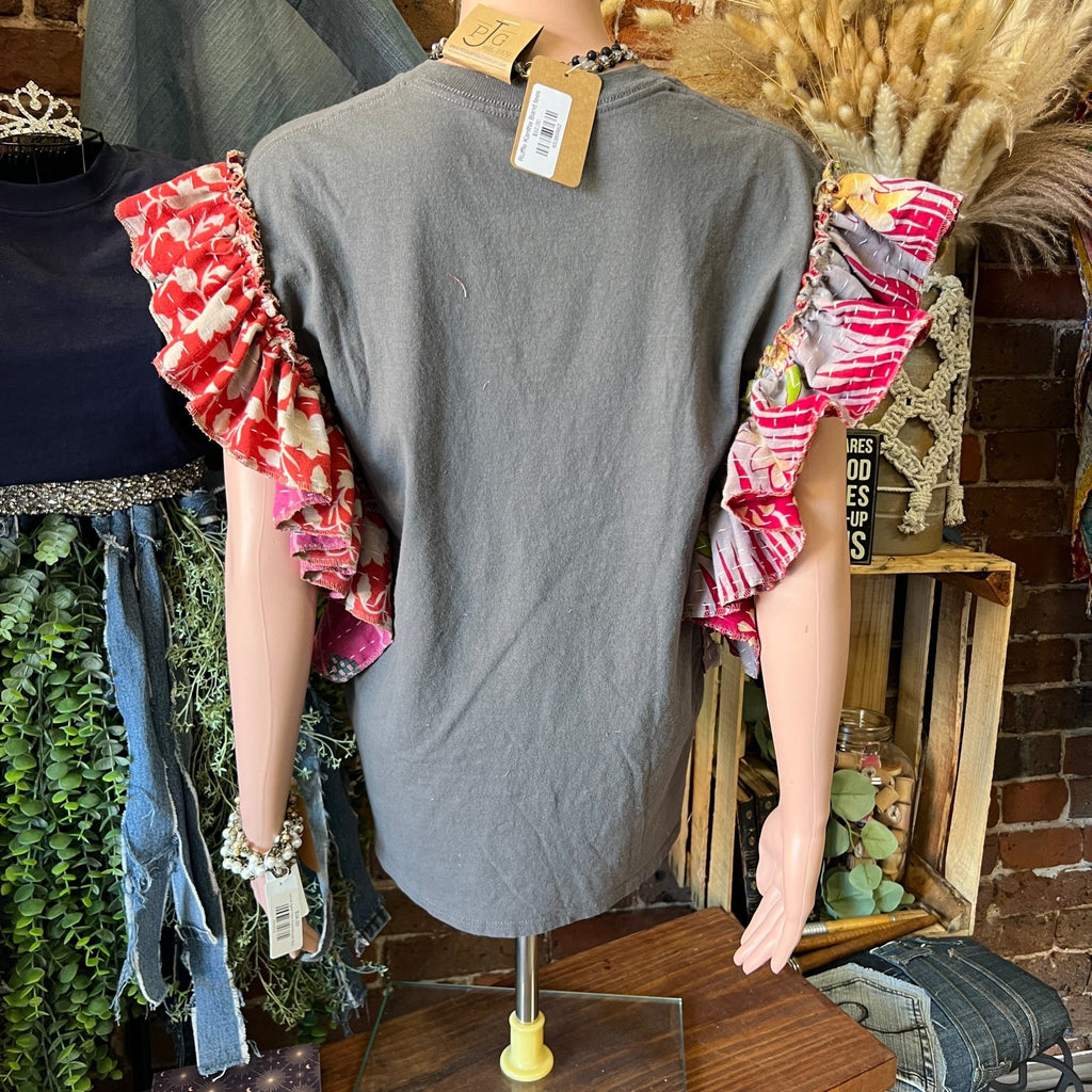 Nirvana upcycled Kantha ruffle sleeve festival tee - Main Street Threads