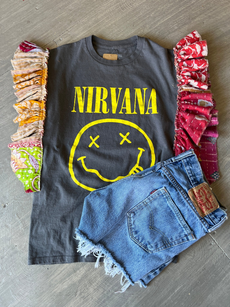 Nirvana upcycled Kantha ruffle sleeve festival tee - Main Street Threads