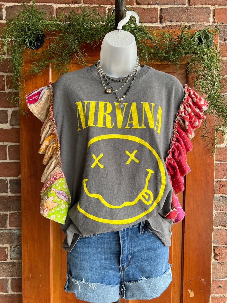 Nirvana upcycled Kantha ruffle sleeve festival tee - Main Street Threads