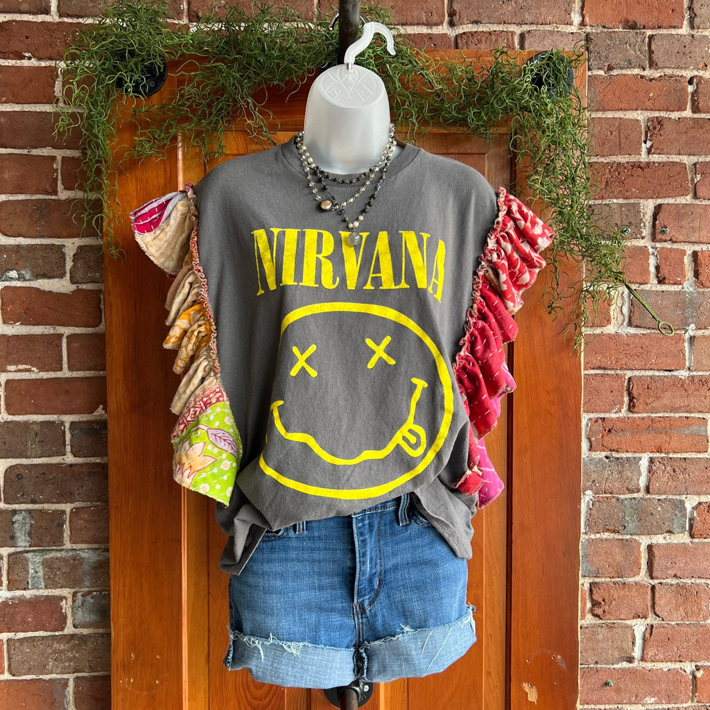 Nirvana upcycled Kantha ruffle sleeve festival tee - Main Street Threads