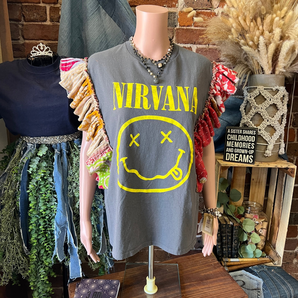 Nirvana upcycled Kantha ruffle sleeve festival tee - Main Street Threads