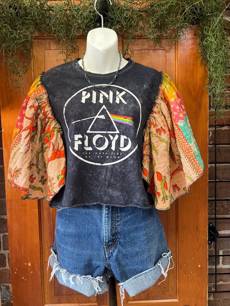Pink Floyd cropped butterfly sleeves kantha tee - Main Street Threads
