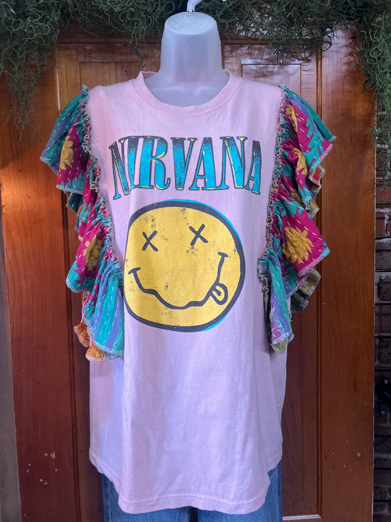 Pink NIRVANA ruffle sleeves kantha tee - Main Street Threads