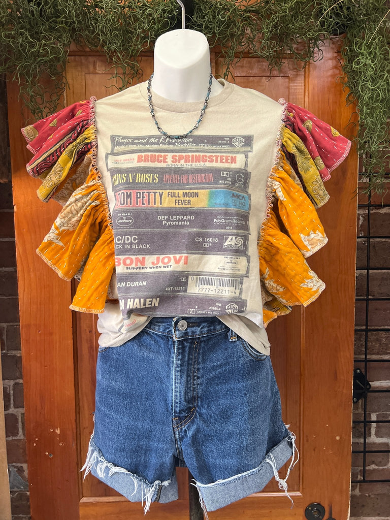 Playlist cassette tape ruffle sleeves kantha tee - Main Street Threads