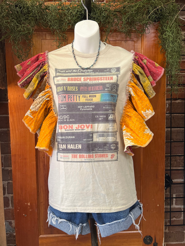 Playlist cassette tape ruffle sleeves kantha tee - Main Street Threads