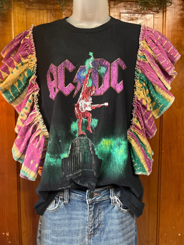 Purple AC/DC ruffle sleeves kantha tee - Main Street Threads