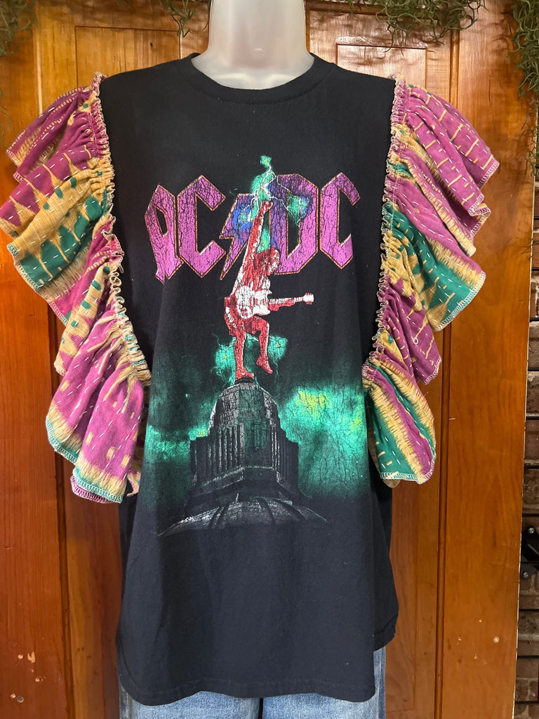 Purple AC/DC ruffle sleeves kantha tee - Main Street Threads