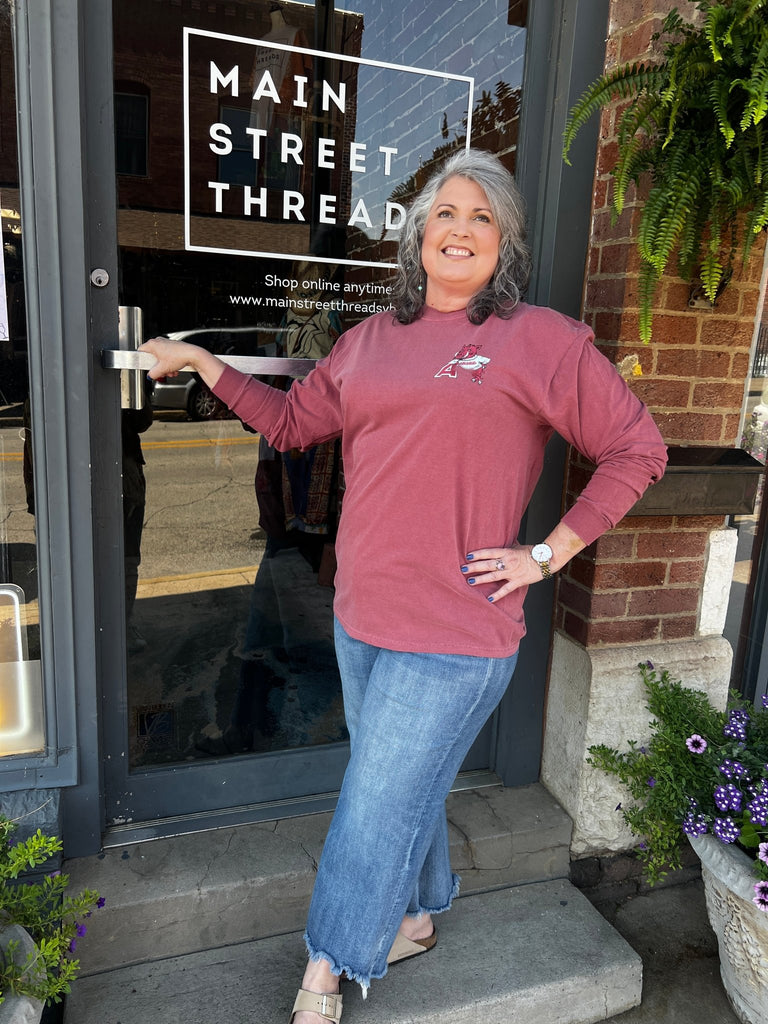 Red Leaning on A Long Sleeve tee - Main Street Threads